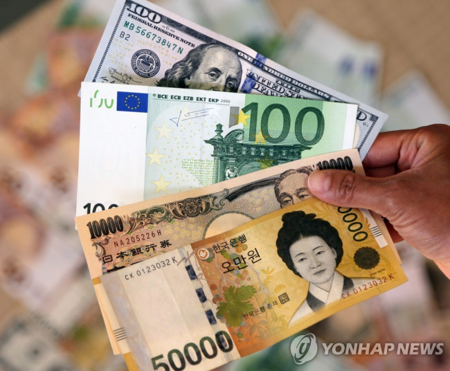 Currencies of various countries (Dollar, Euro, Yen, Won)
